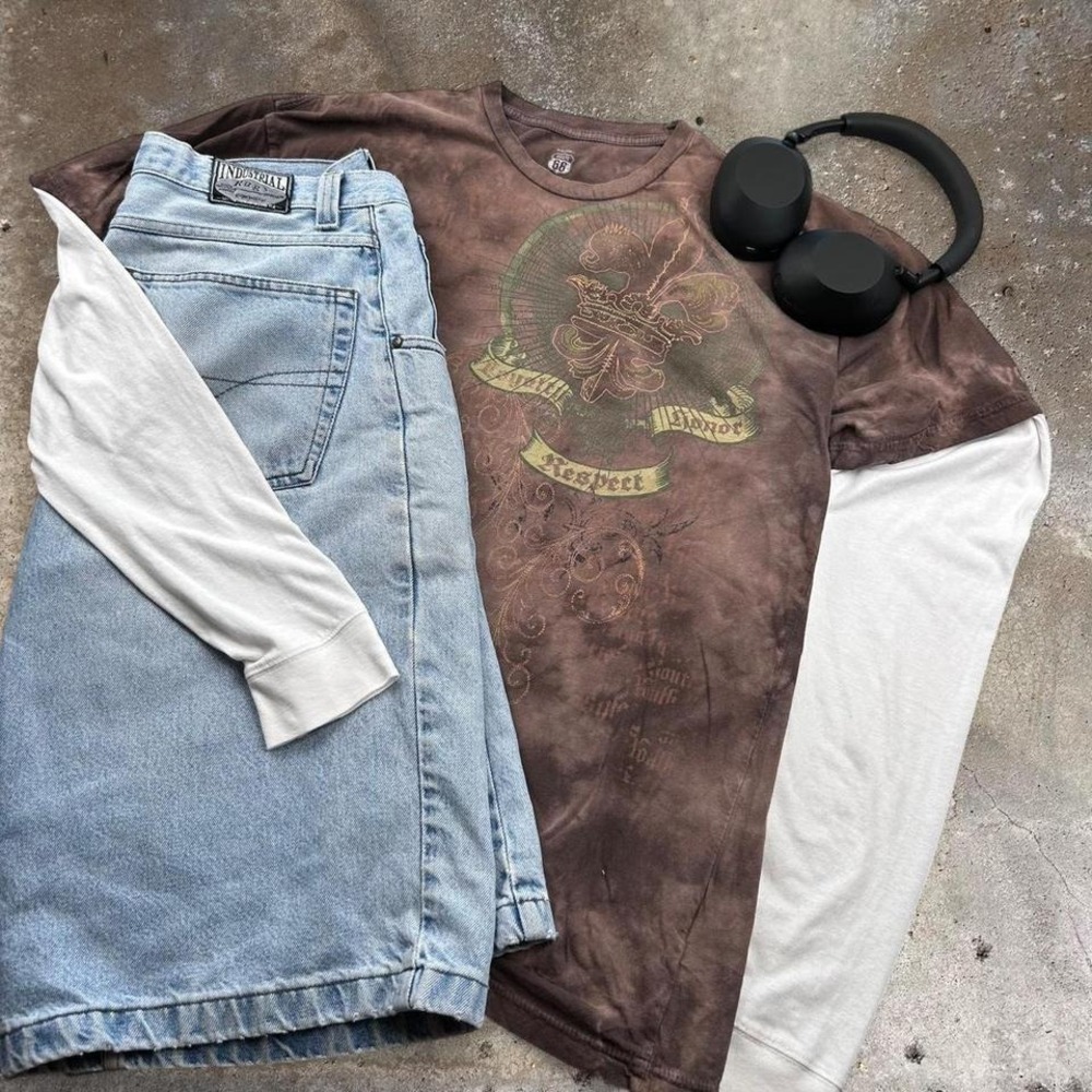 Route 66 Brown AOP Grunge Skater Y2K Skate Gothic Tee XL Streetwear